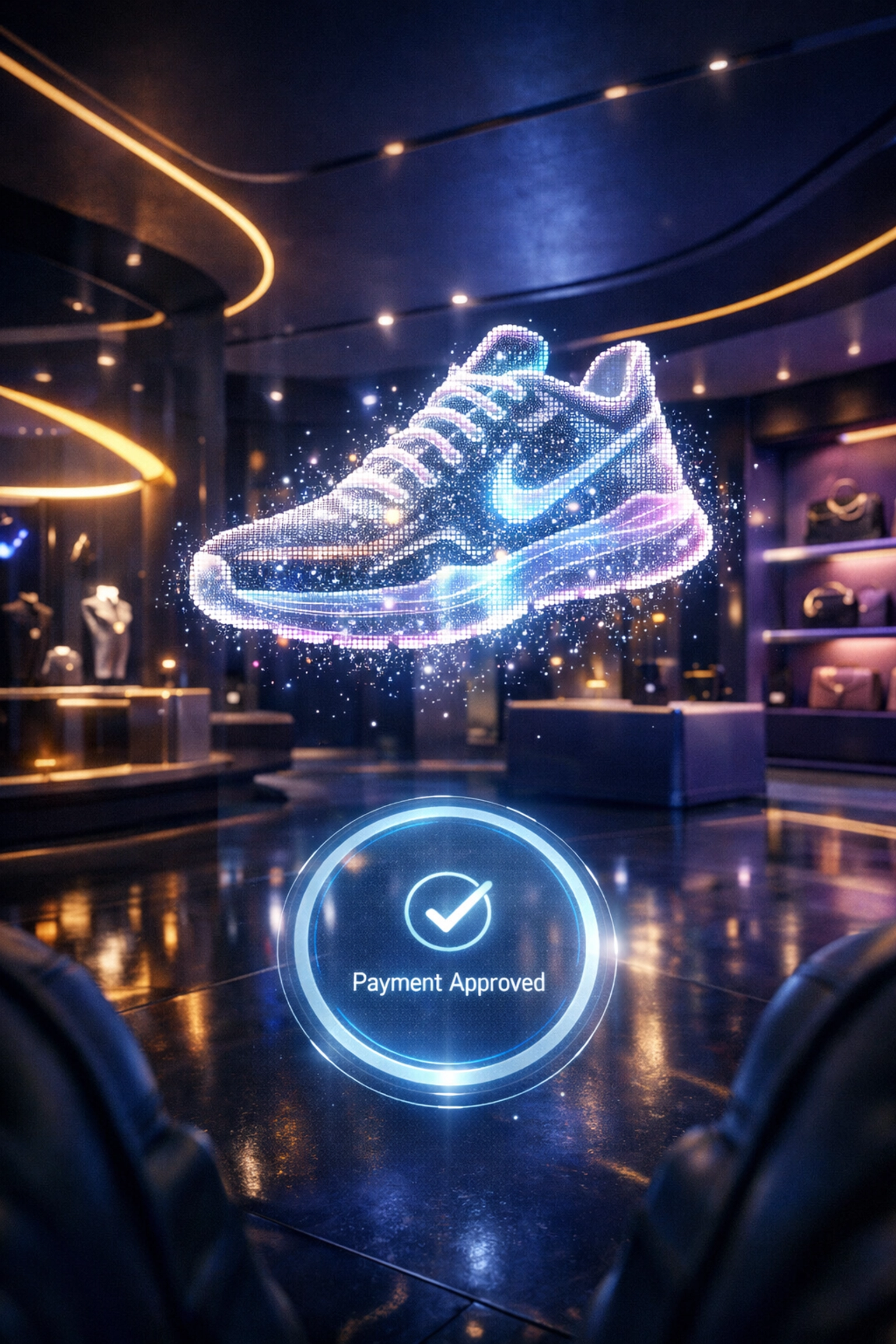 Successful crypto checkout in a futuristic metaverse boutique using AI-powered Web3 payment technology.