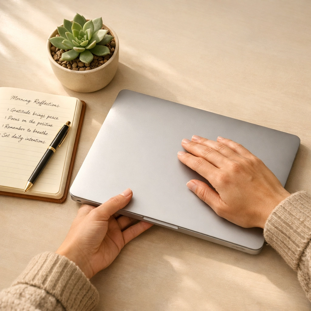 Hands setting down phone next to journal showing intentional break from doom-scrolling habit