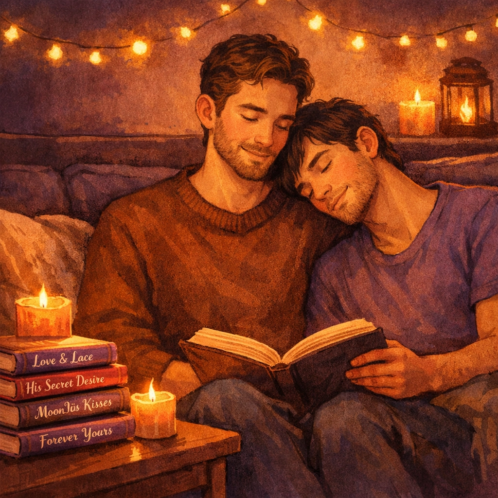 Two men reading gay romance books together on couch with cozy lighting