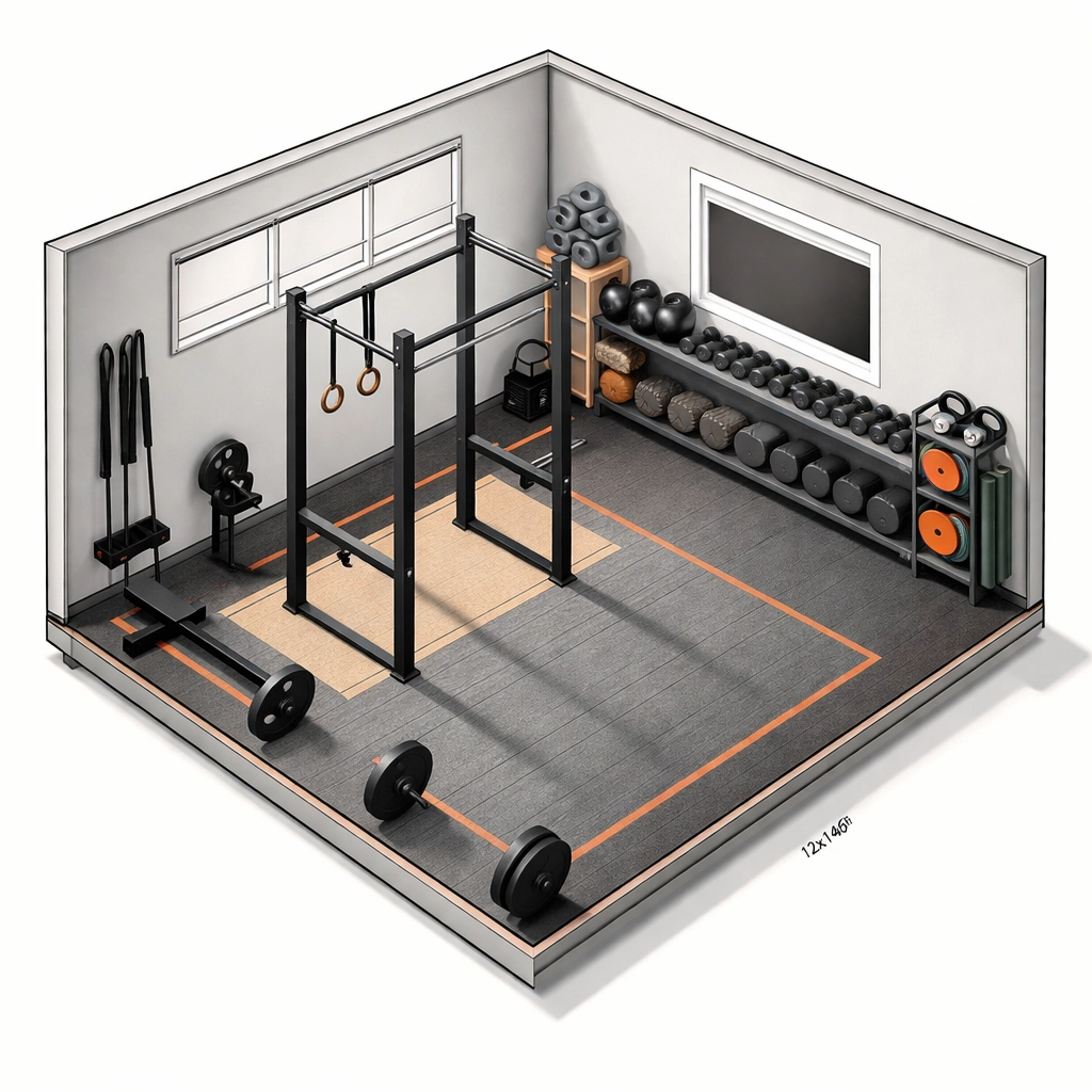 Bird's-eye view of home gym layout with freestanding rig, barbell station, open mat space, and equipment storage.