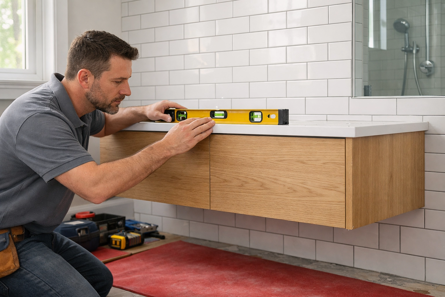 Professional vanity installation during a Columbus master bathroom remodel highlighting quality craftsmanship and precision.
