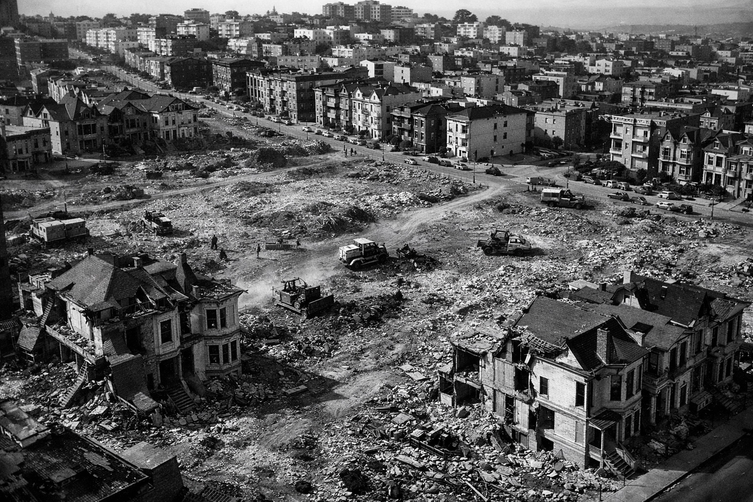 Aerial view of Fillmore District demolition during 1960s San Francisco urban renewal