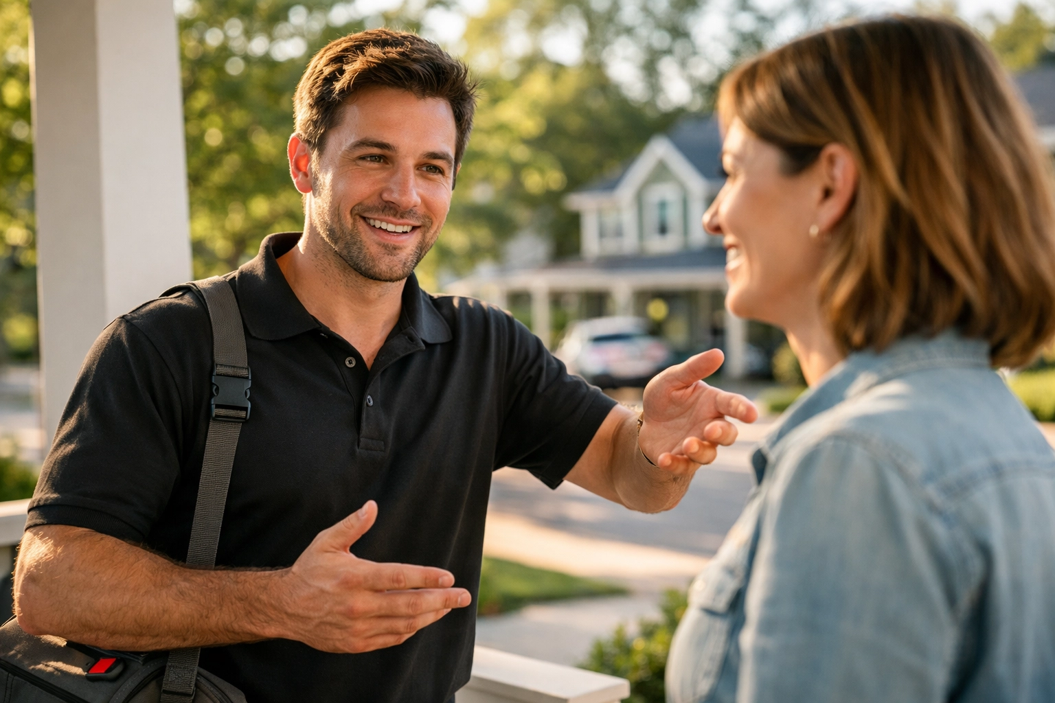 Professional service technician acting as a brand ambassador while talking to a homeowner on their porch.