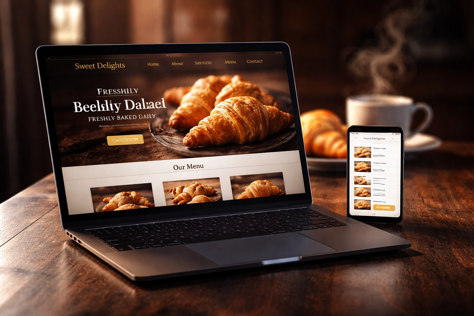 Bakery website and mobile ordering system on laptop and smartphone with fresh pastries, highlighting digital marketing for Brisbane bakeries.