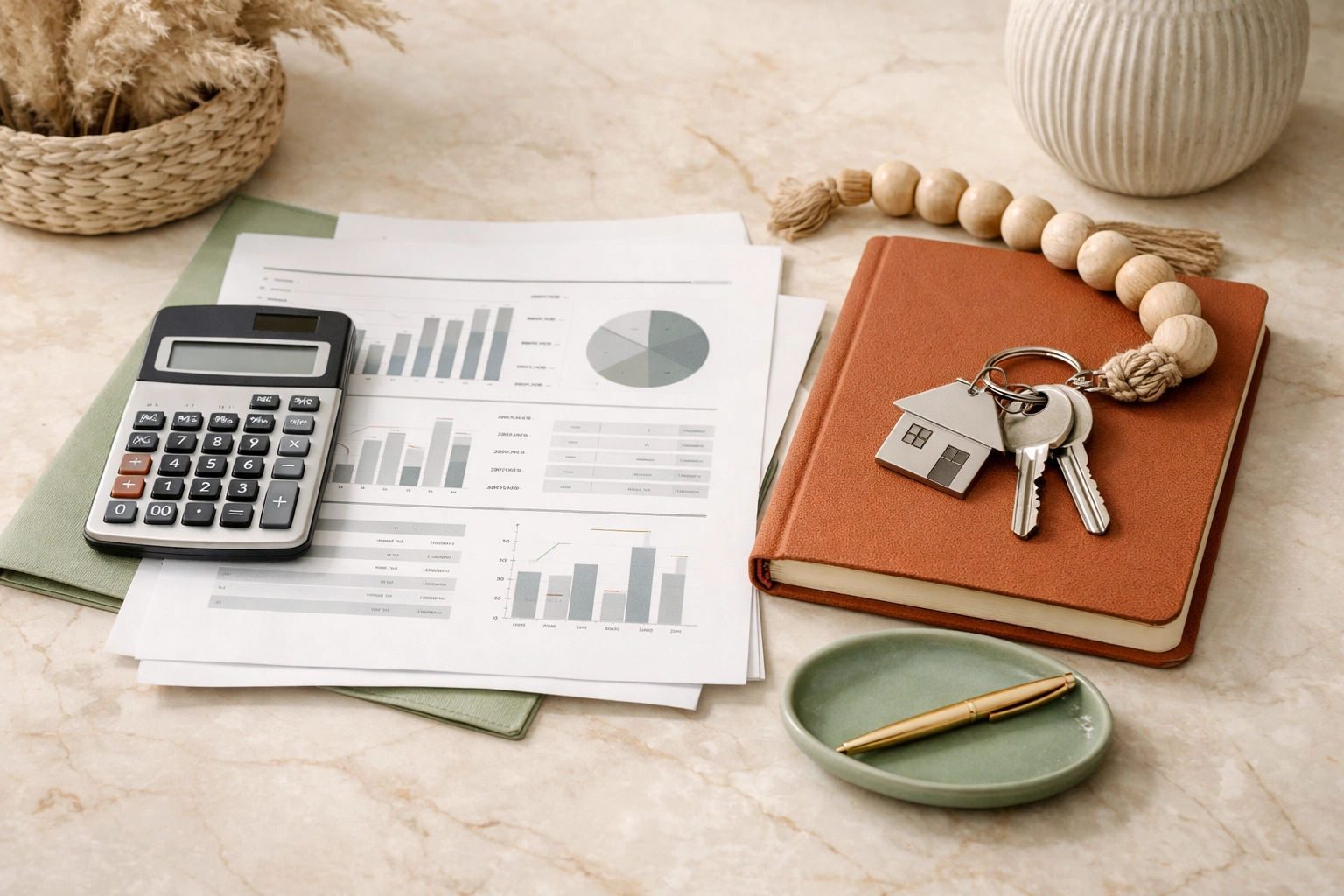 A calculator, house key, and financial paperwork laid out on a cream marble surface for property valuation in divorce.