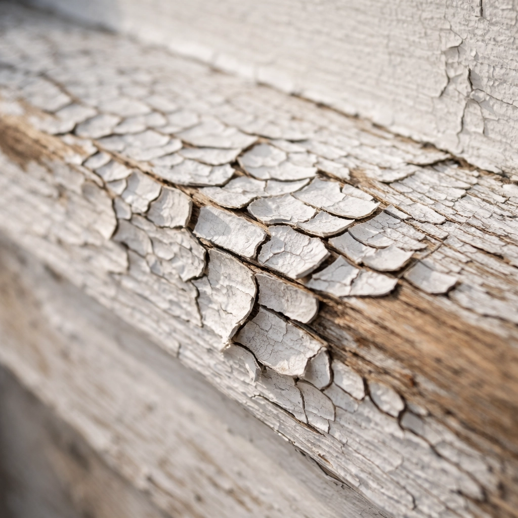 Close-up of cracking and peeling paint on an old window sill, showing the typical 'alligatoring' pattern of lead-based paint.