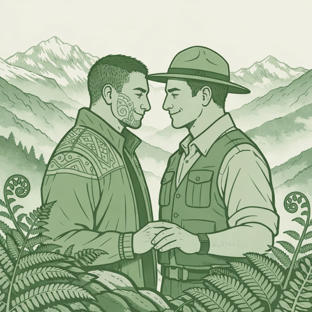 Two Māori men sharing intimate moment on Southern Alps ridge - Takatāpui gay romance New Zealand