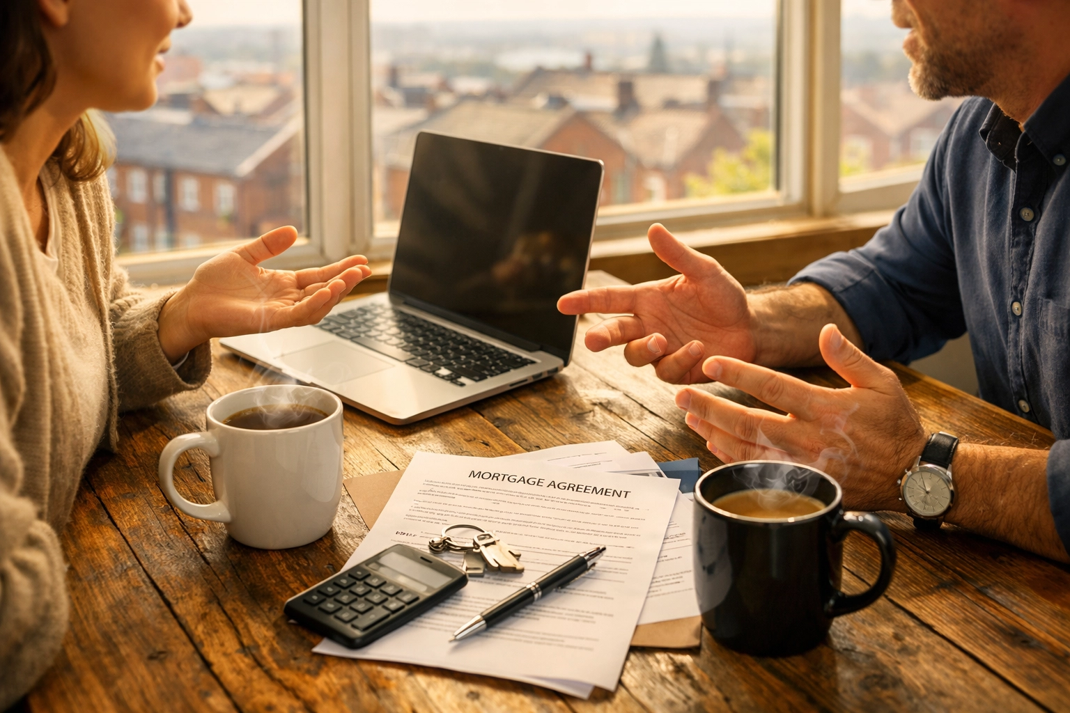 Mortgage broker consultation meeting in Oldham office discussing home loan options