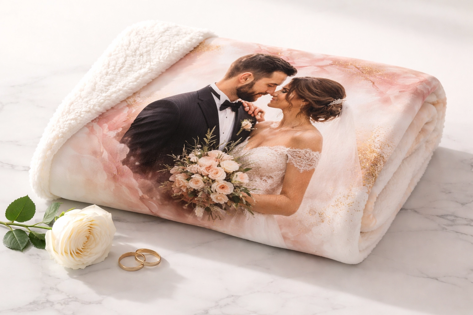 Folded sherpa blanket with wedding photo and rose accents, perfect for custom anniversary or newlywed gifts