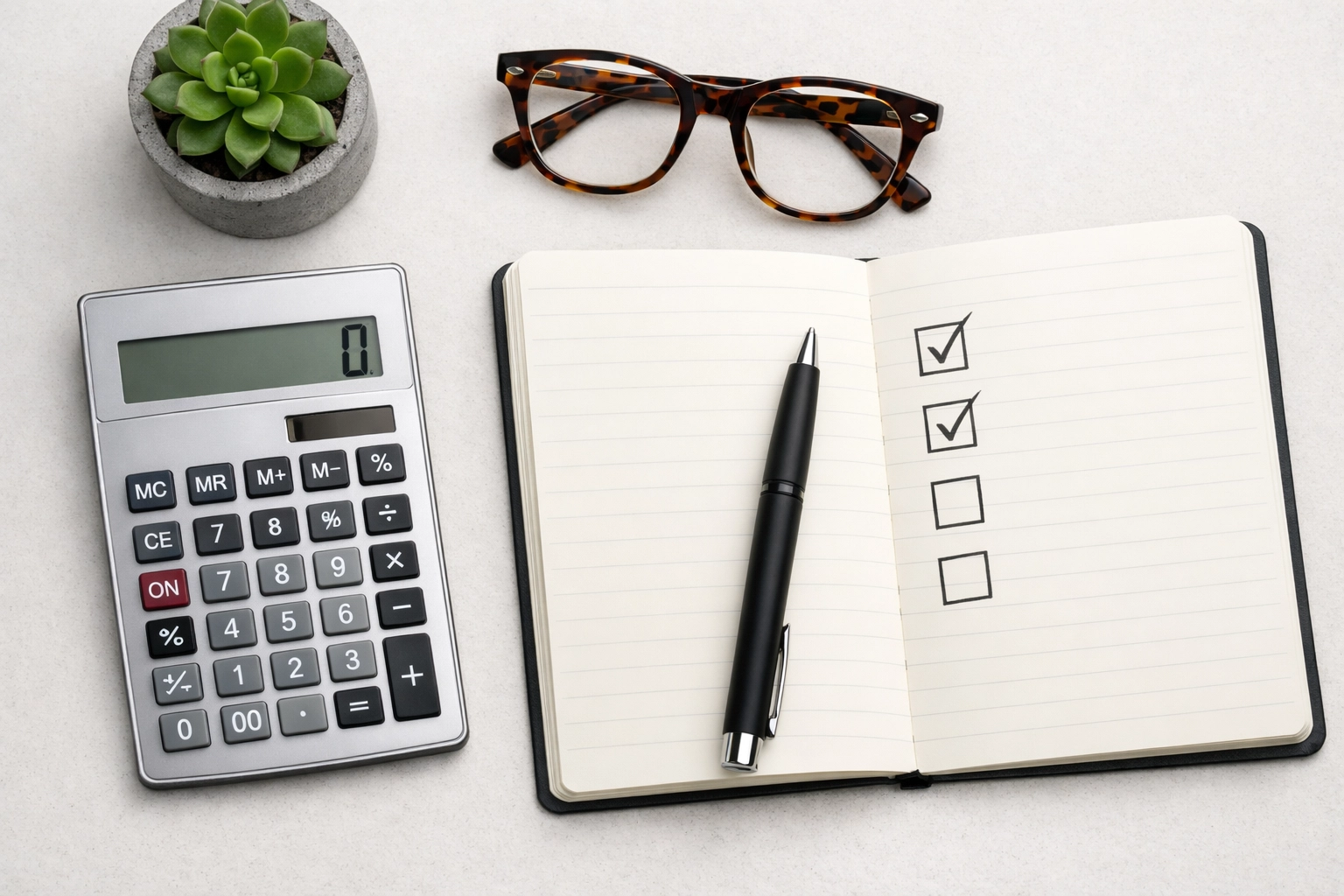 Top-down view of a calculator and notebook used for comparing debt consolidation loan lenders.
