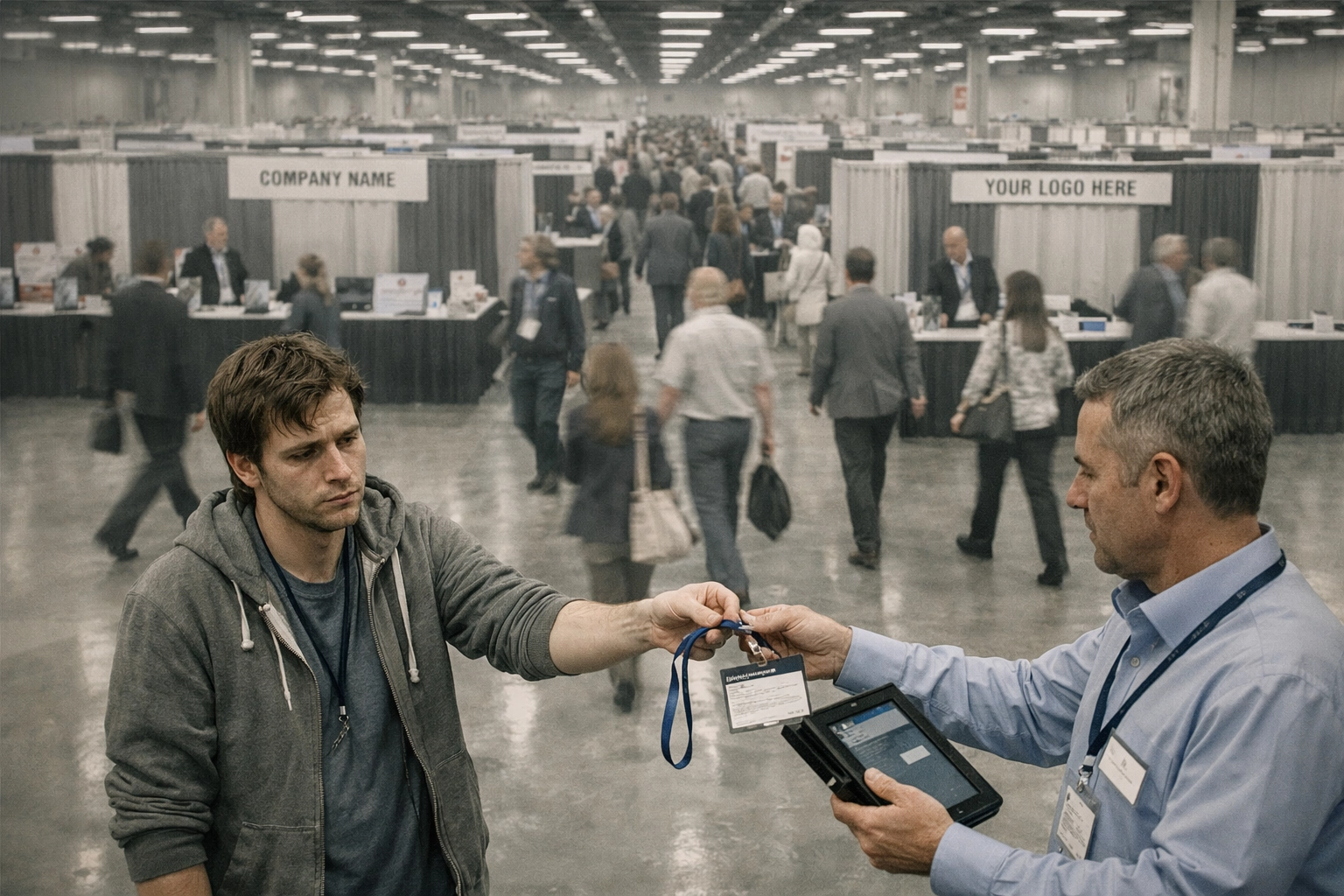 Traditional trade show booth with badge scanning and low attendee engagement
