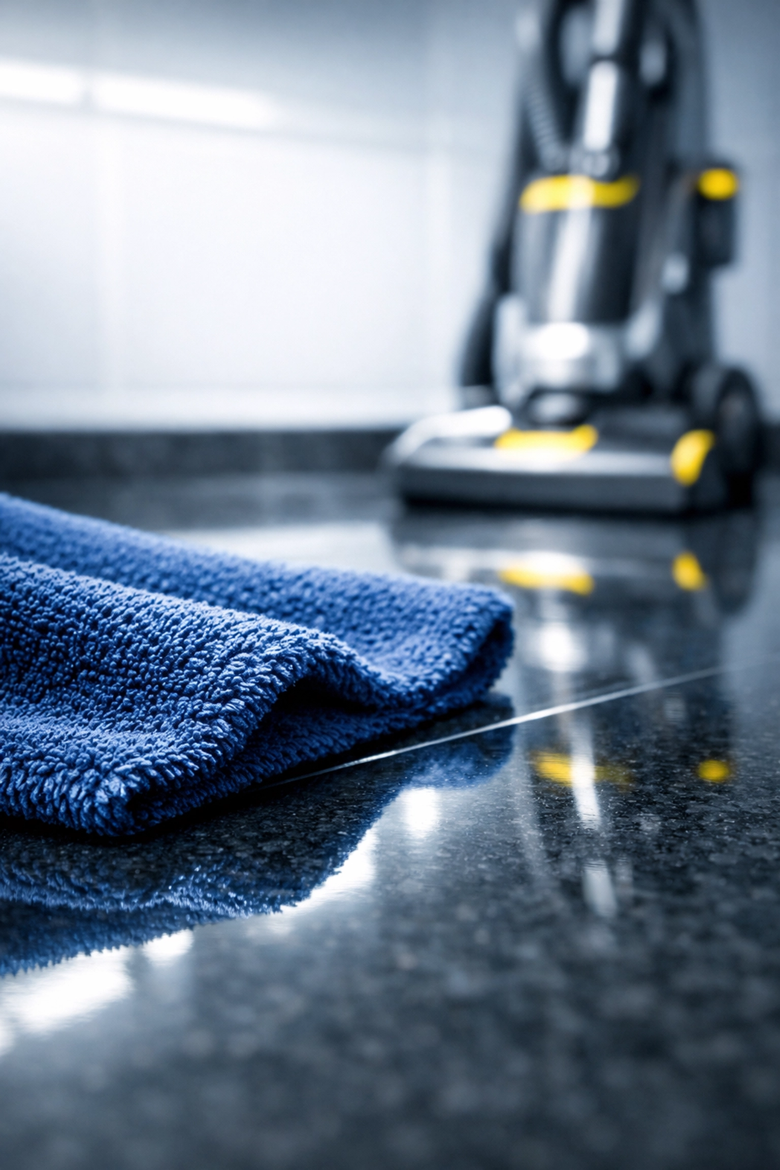 Microfiber cloth wiping a granite countertop to a streak-free finish as part of residential cleaning Massachusetts.