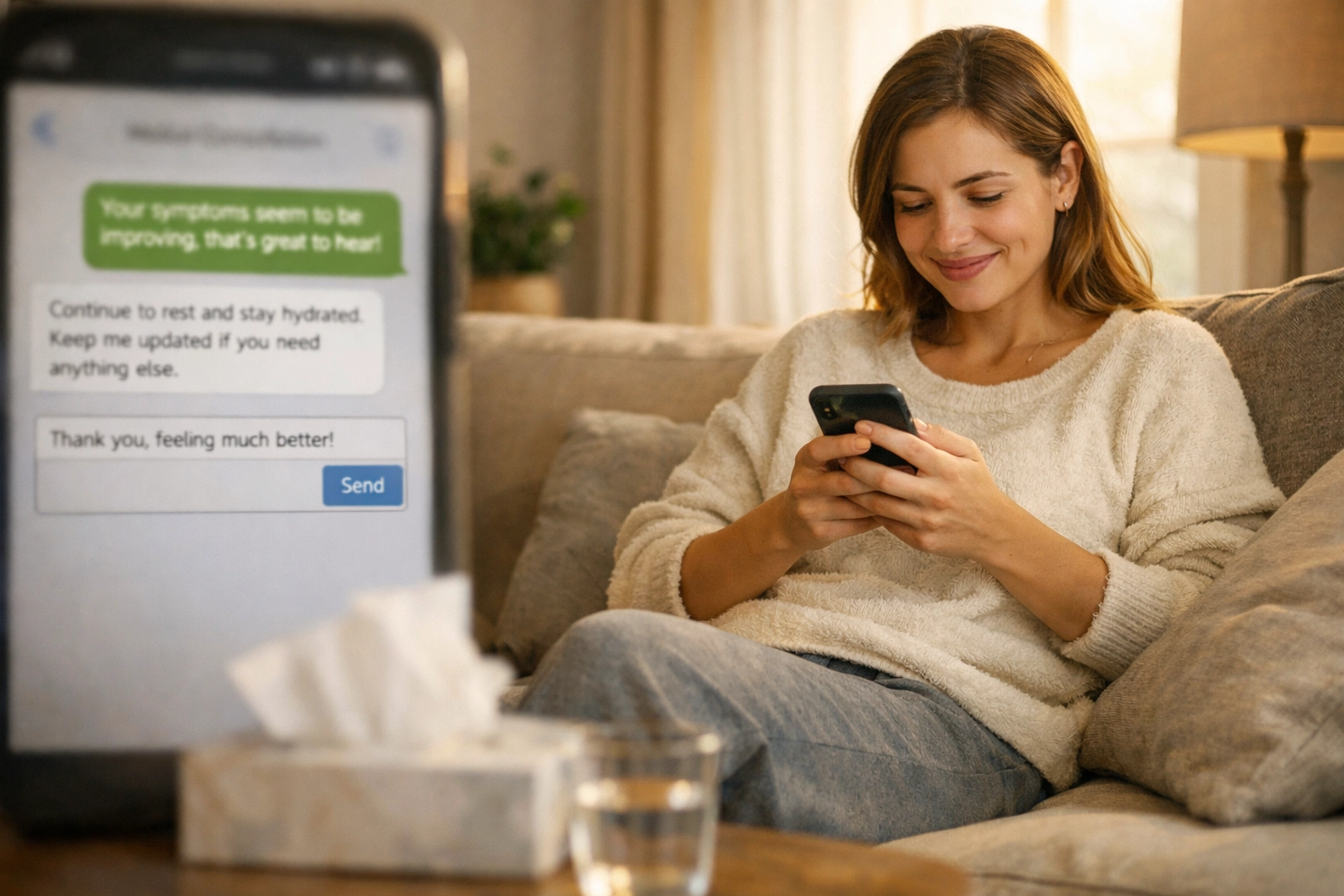 Woman texting with doctor from home using online urgent care service
