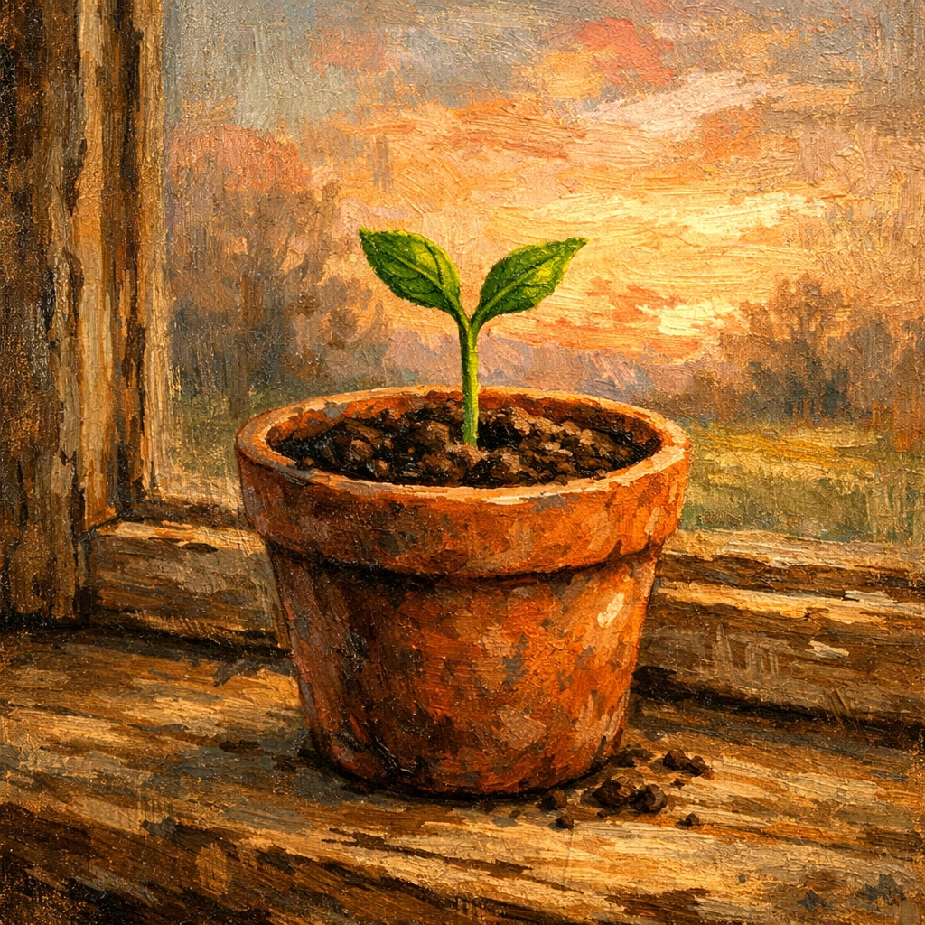 A small green seedling sprouting in a terracotta pot on a sunlit farmhouse windowsill at dawn.