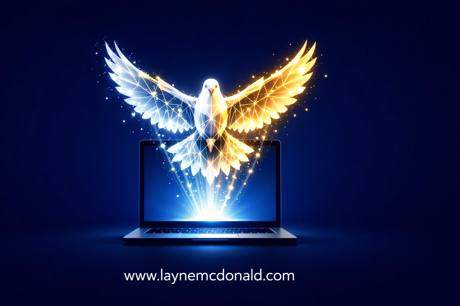 A digital dove rising from a computer screen, symbolizing the light of media ministry and storytelling.