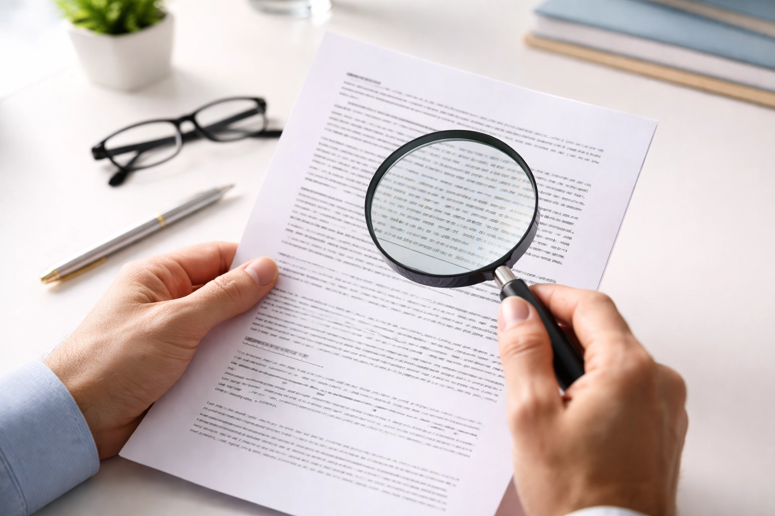 Hands holding document with magnifying glass to examine POS system fine print, highlighting cheapest epos options