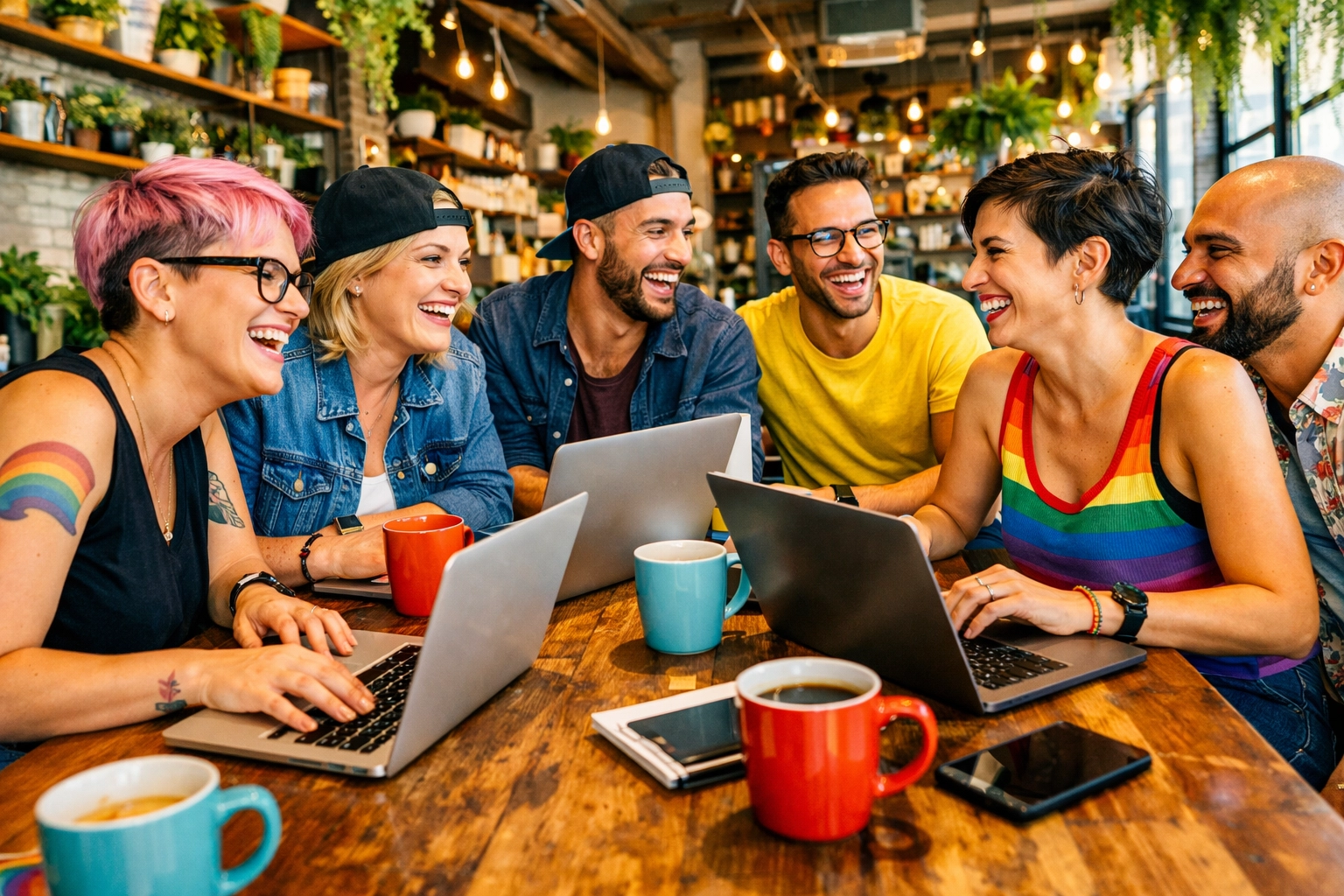 Diverse LGBTQ+ professionals networking and co-working together in a friendly neighborhood cafe.