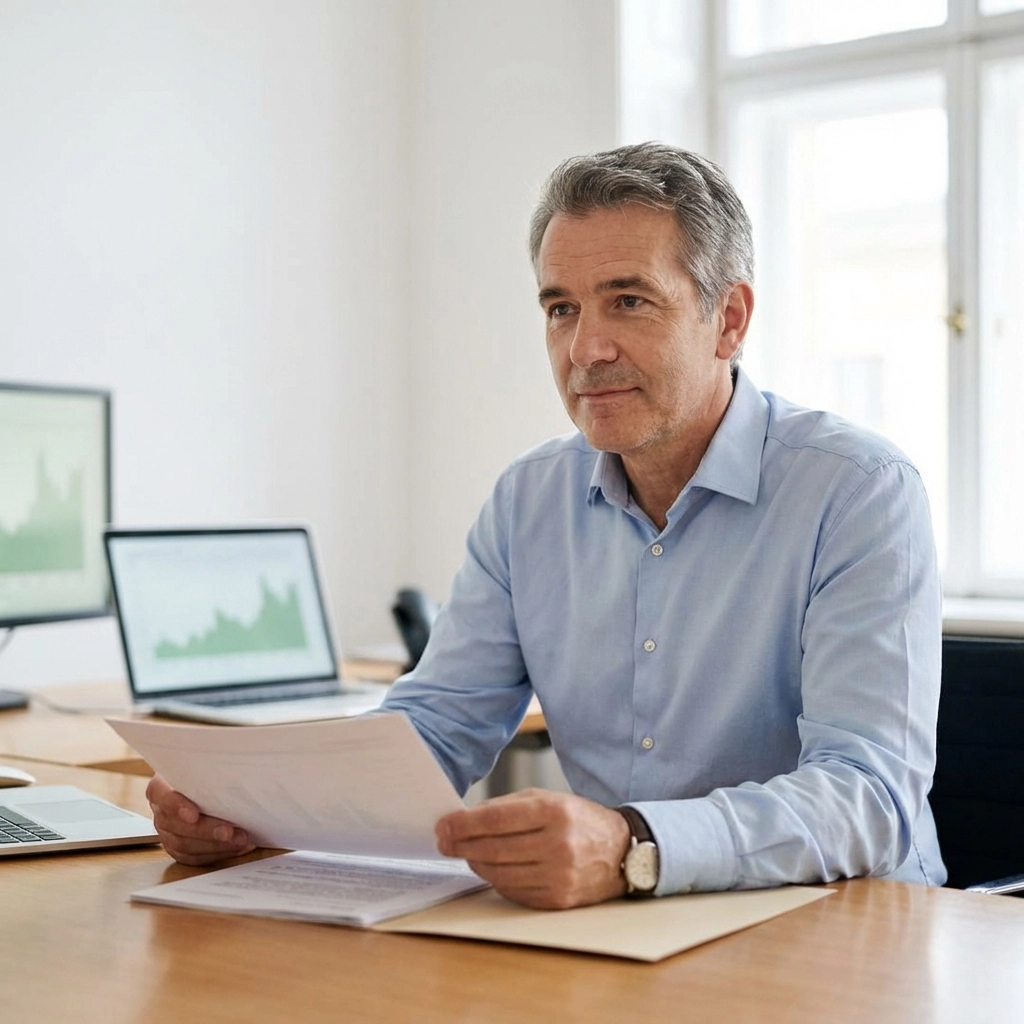 Experienced tax professional reviewing financial documents in a bright, modern office for advanced tax training