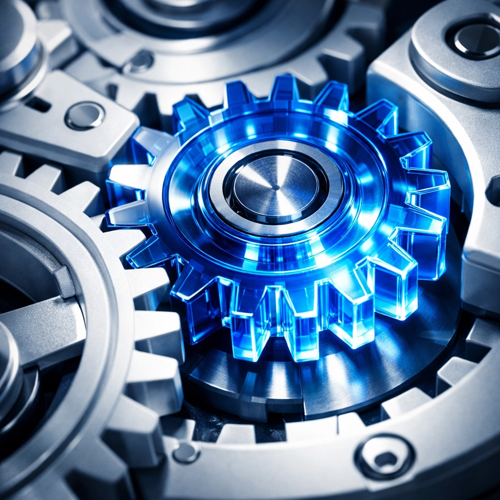 Glowing gear representing precise integration of custom software for bespoke business process automation.