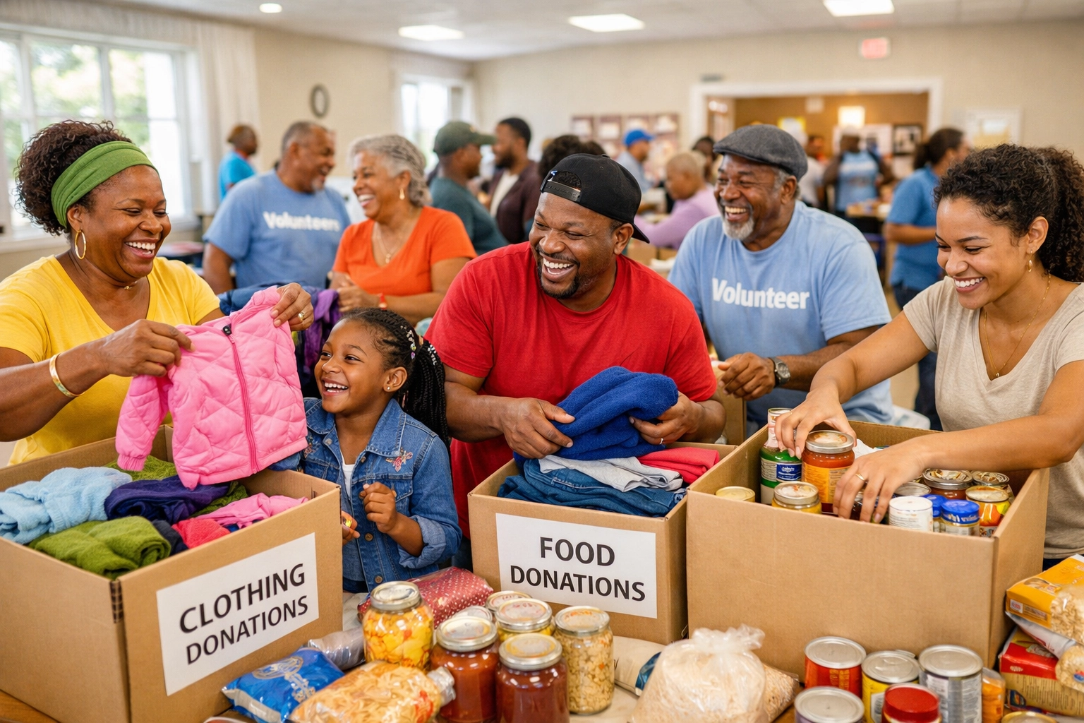 South Jersey community volunteers organizing donated clothes and food for families affected by disaster.