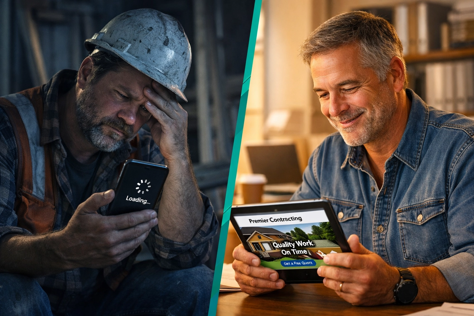 Website speed comparison showing fast-loading vs slow-loading contractor site