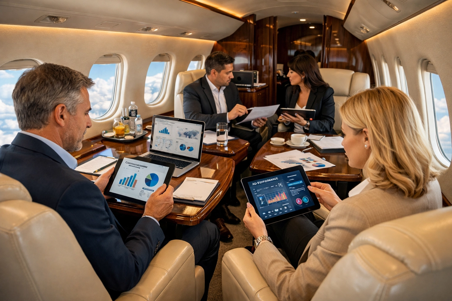 The Executive's Guide to Super Bowl Brand Activation: Turning Game Day Into Your Biggest ROI Win Business executives reviewing campaign analytics during VIP corporate travel on private jet