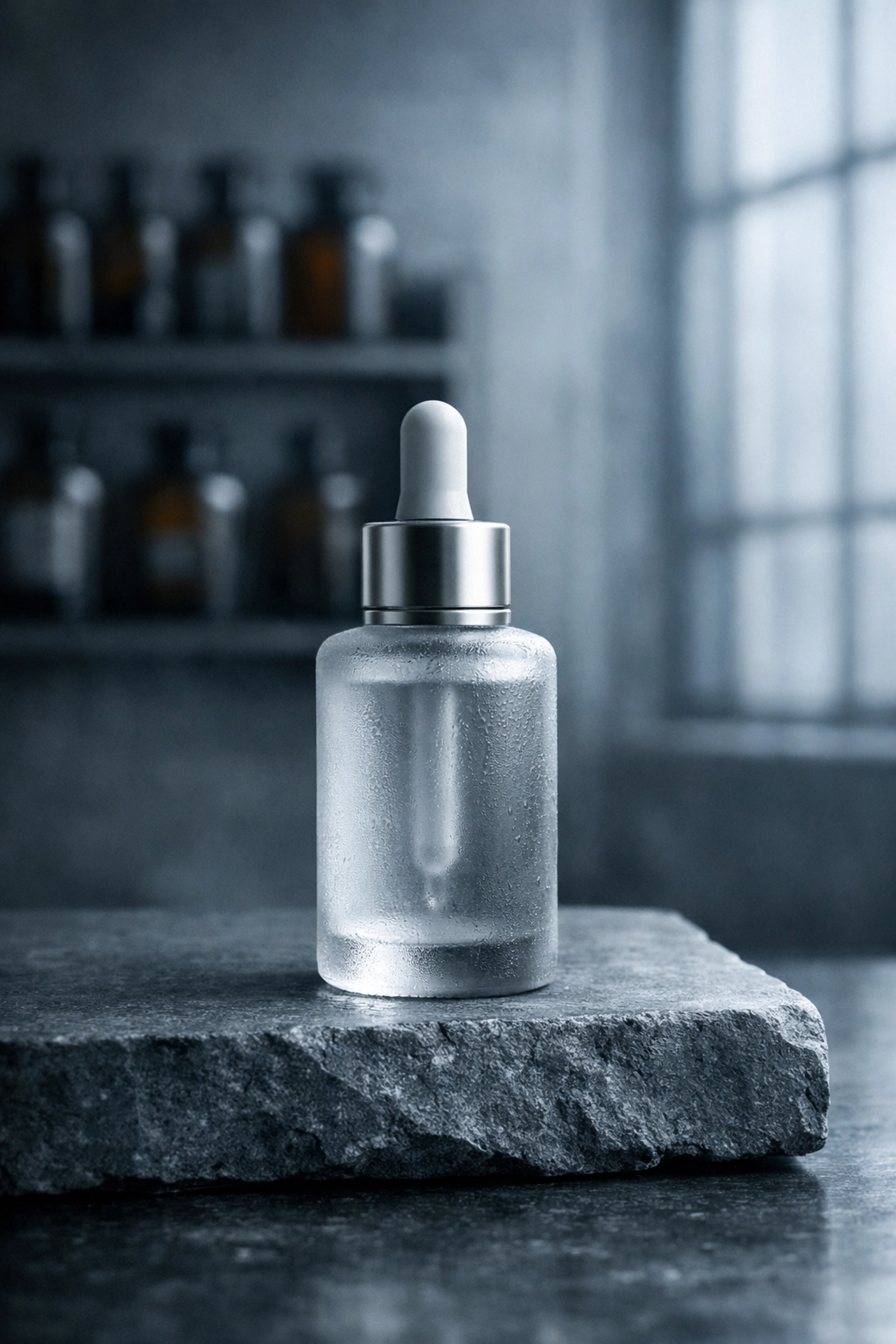 Clinical K-Beauty serum bottle on stone, representing IOPE's shift toward high-performance medical-grade skincare.