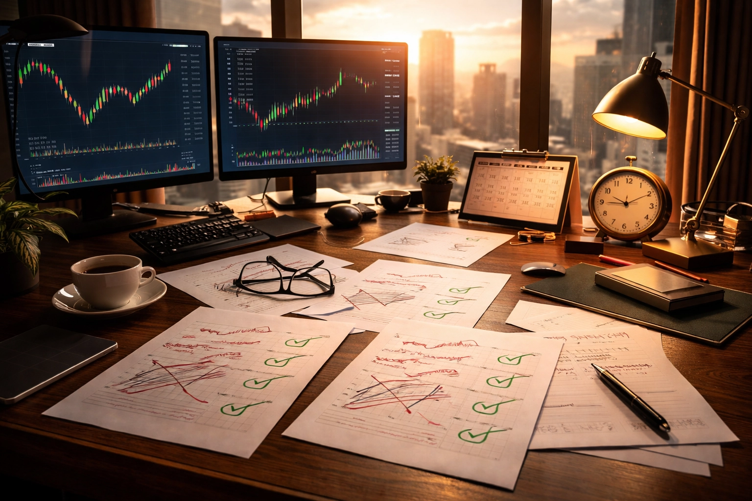 Investor desk with financial charts and planning papers, representing dynamic risk management strategy changes.