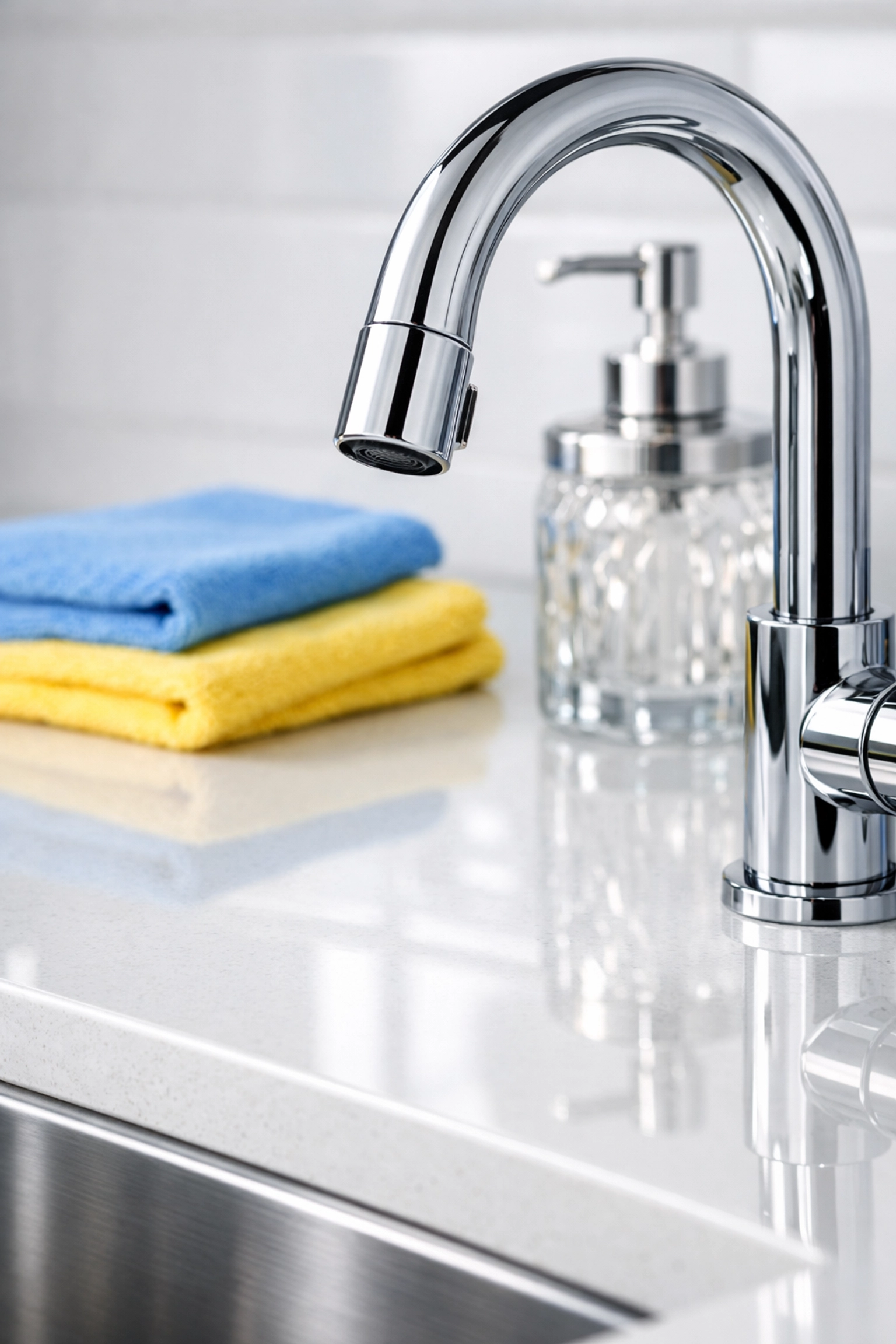 Detail-oriented professional house cleaning in Needham showing polished luxury kitchen countertops.