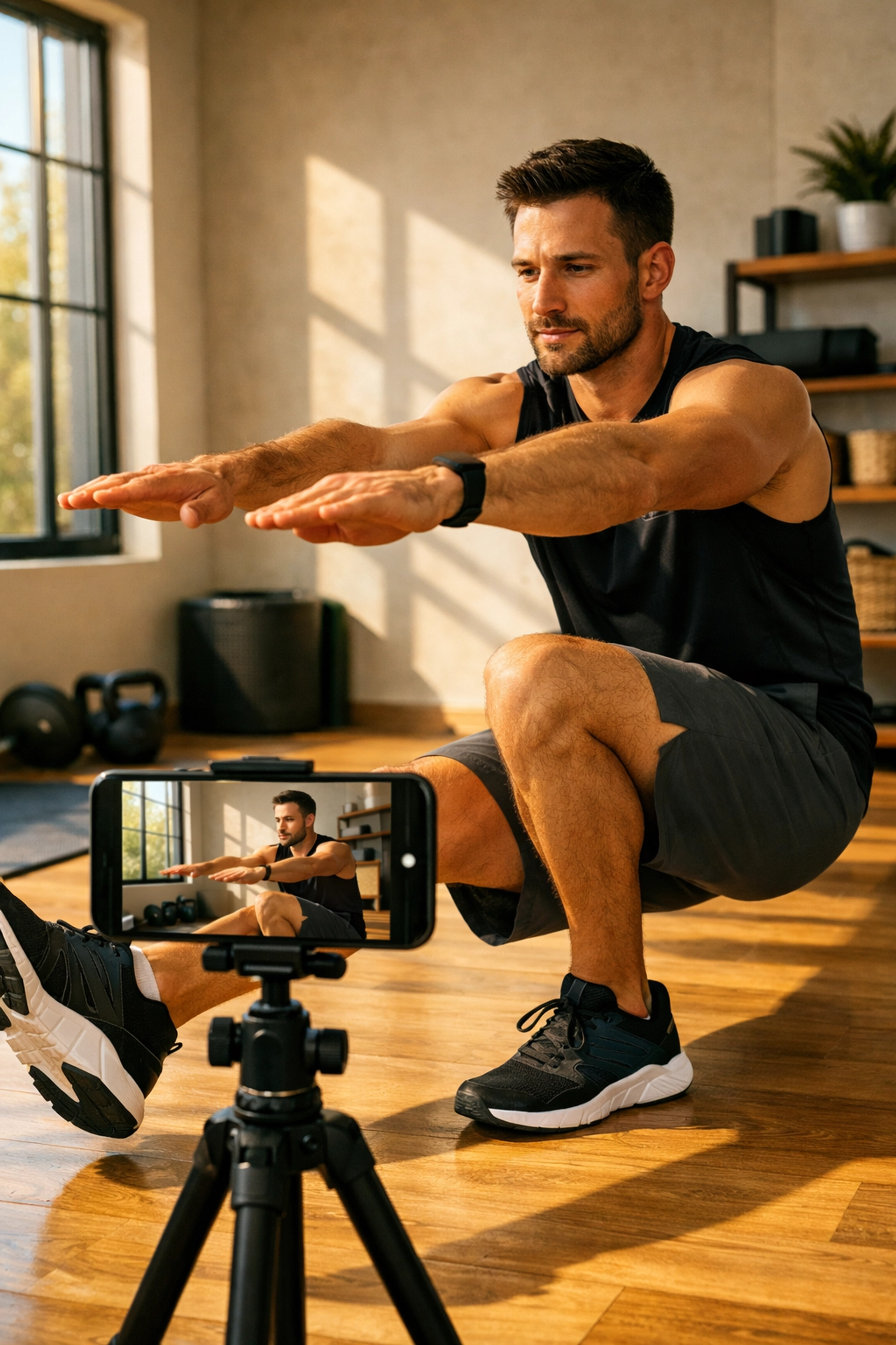 Athlete recording pistol squat form check on smartphone in home gym for proper technique