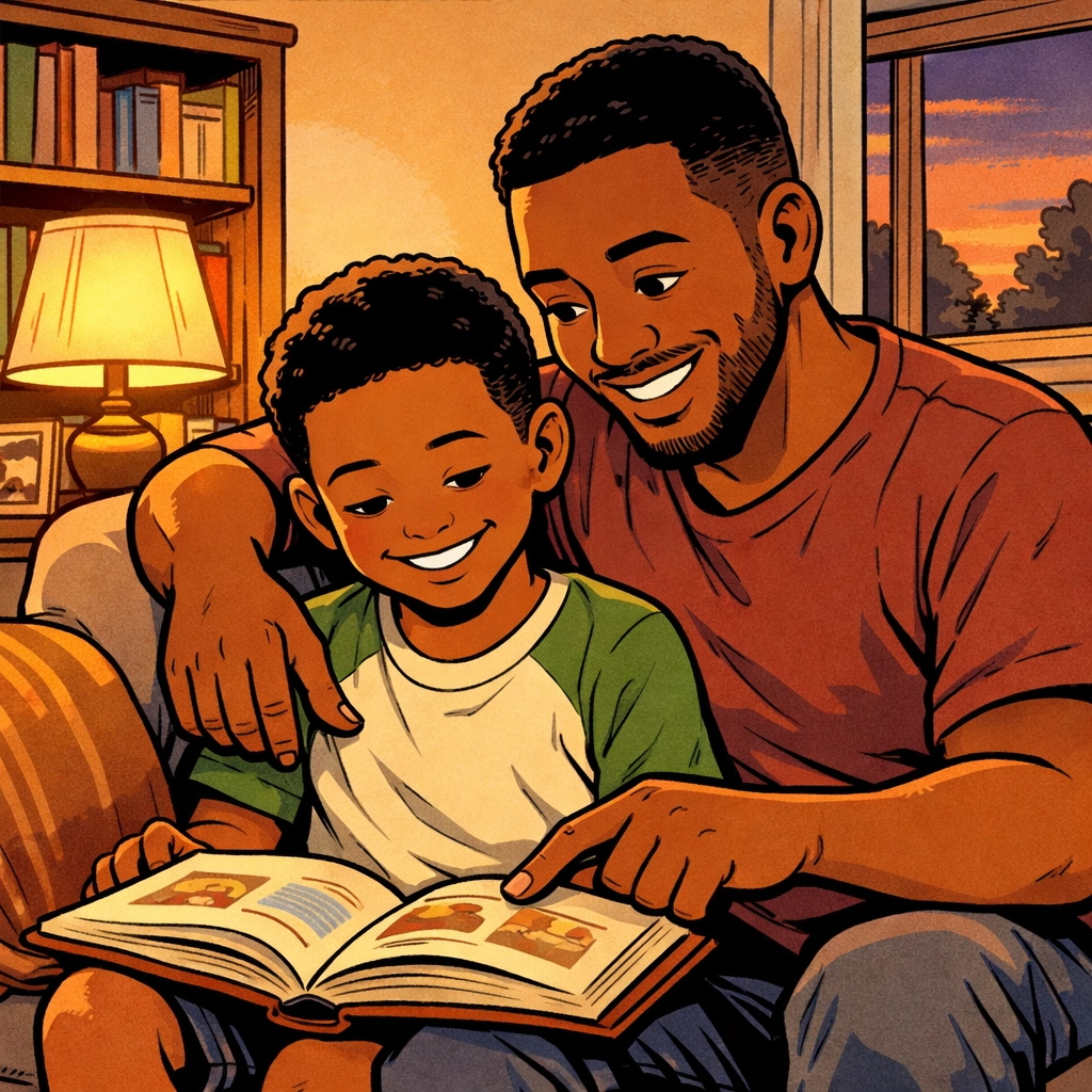 Father and son reading together at home supporting barbershop literacy program learning