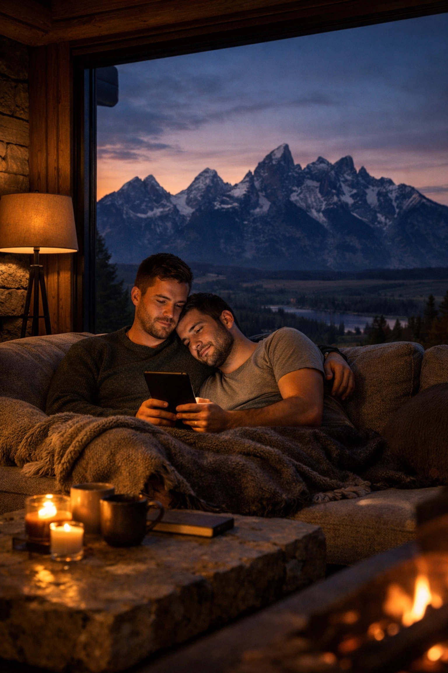 Gay couple cuddling in a luxury Jackson Hole lodge with mountain views, reading a romantic MM novel.