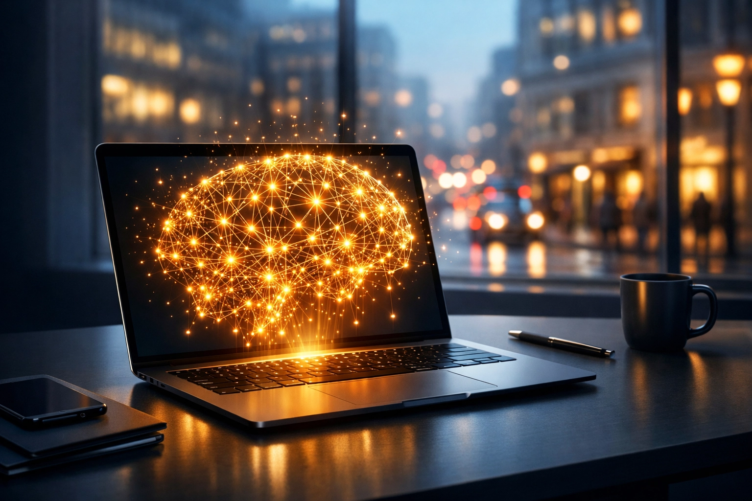 A modern laptop displaying a glowing digital network representing AI search for small business SEO.