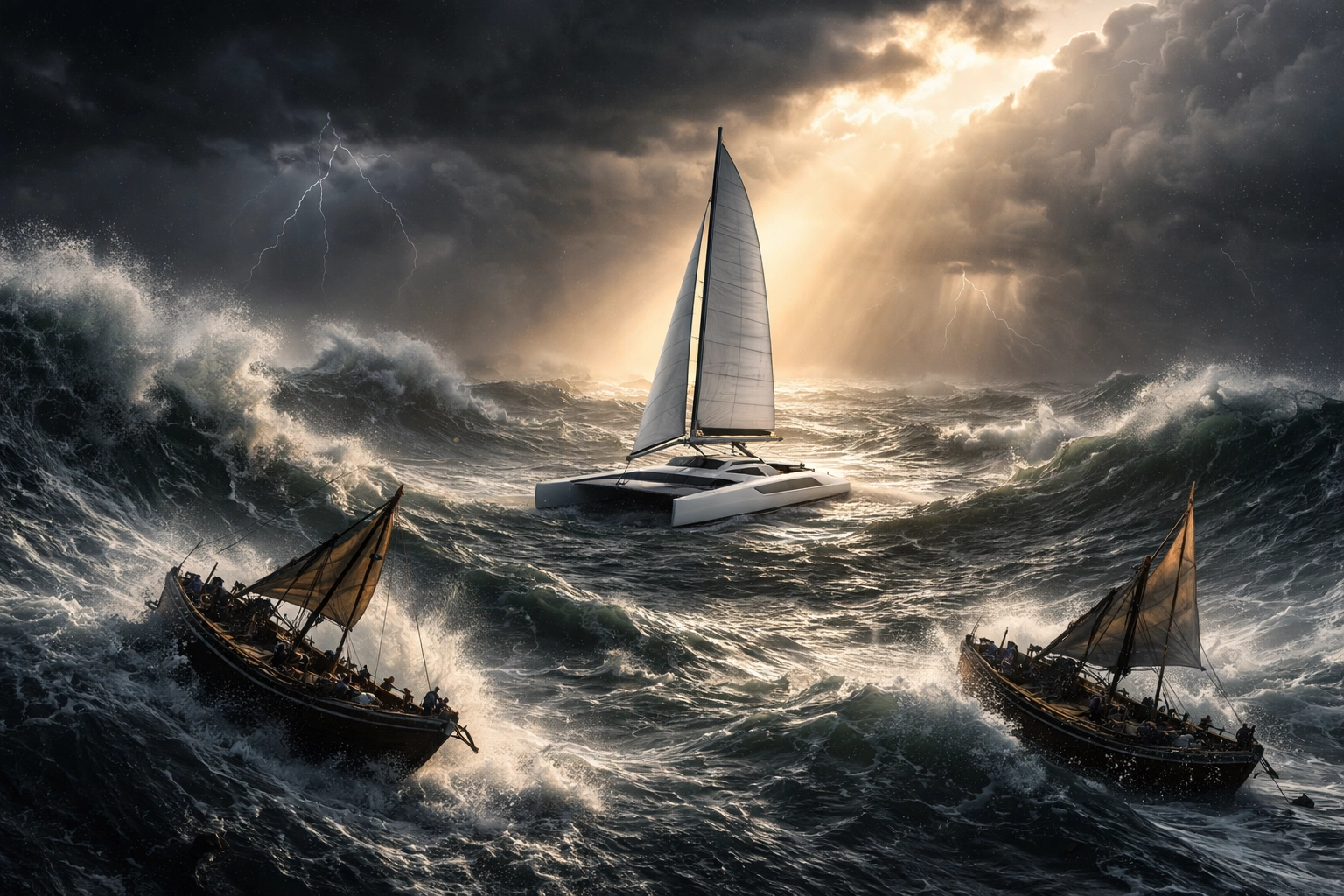 A stable trimaran navigating stormy seas, illustrating portfolio resilience with alternative investments