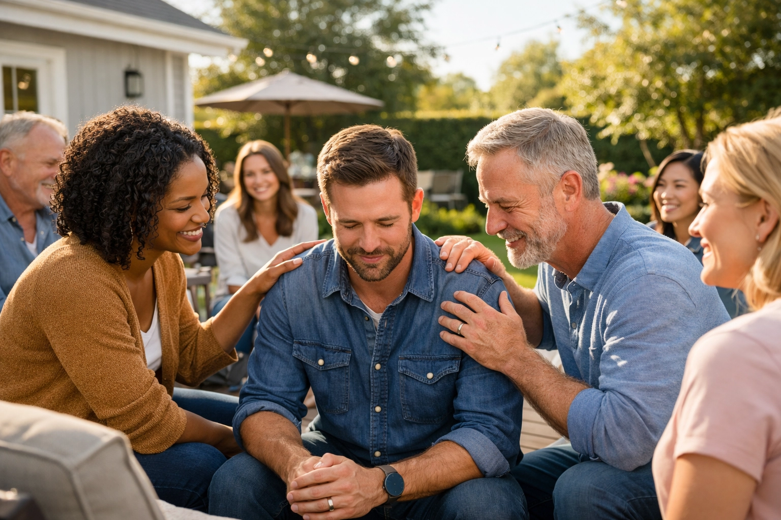 A group of Christians praying together in fellowship to support one another through life's burdens.