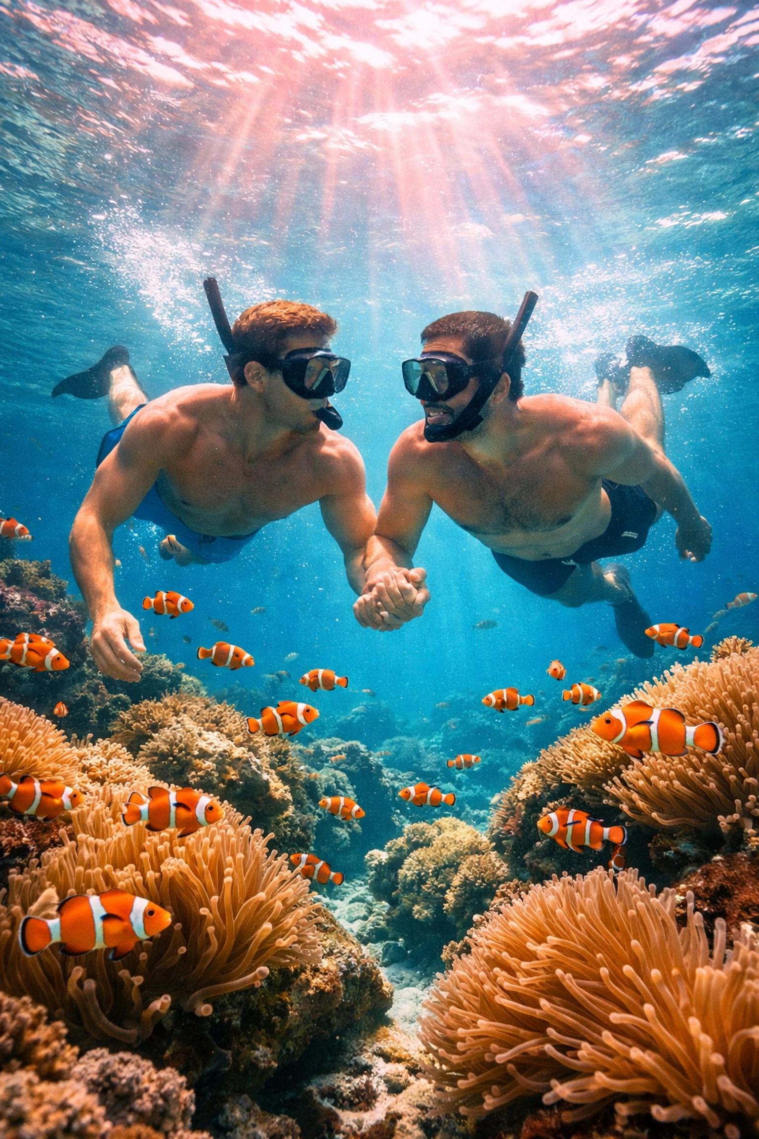 Gay couple snorkeling with clownfish, illustrating the diverse gender fluidity found in nature's coral reefs.