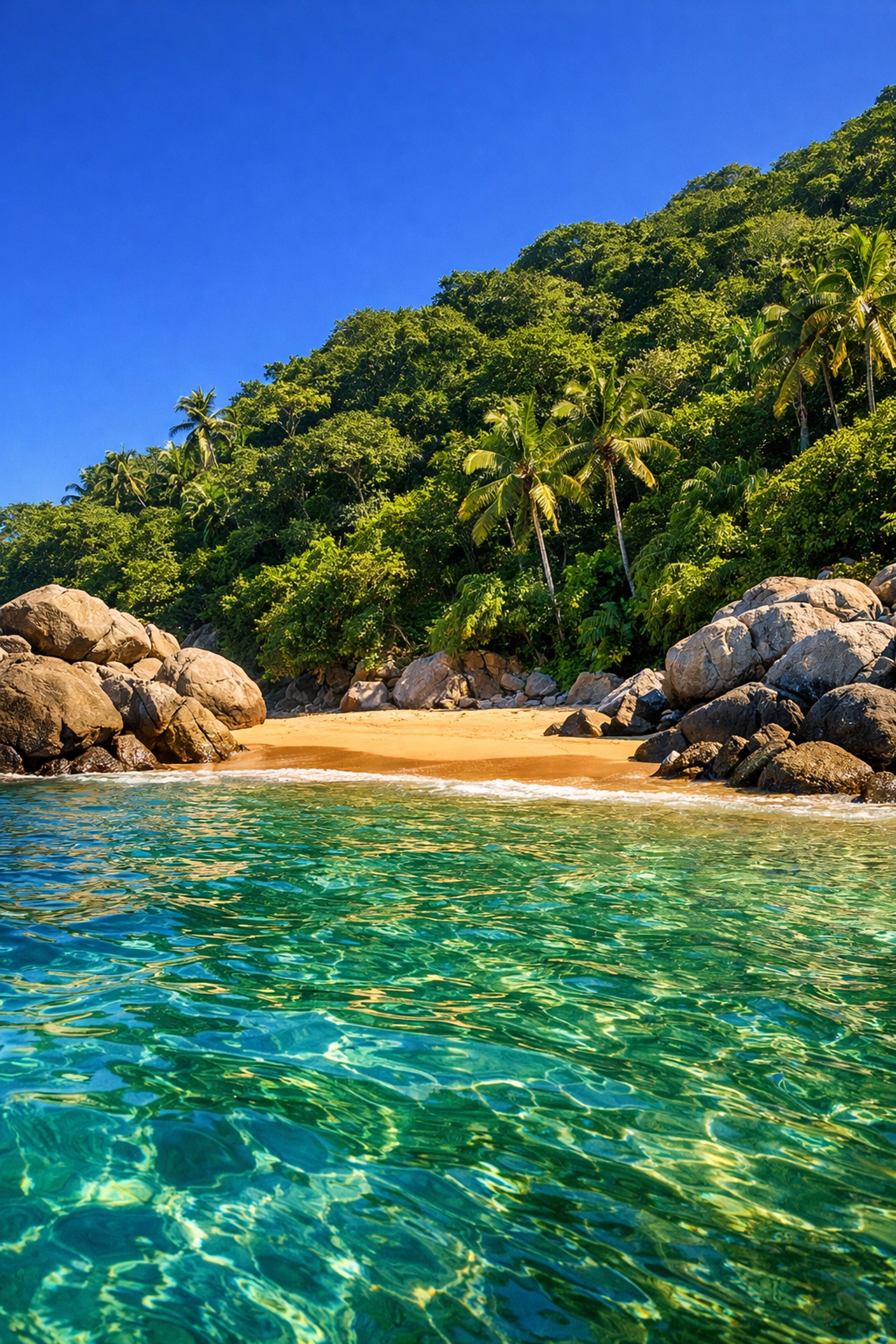 Peaceful Playa Amapas beach in Puerto Vallarta with turquoise water and lush green jungle hills.