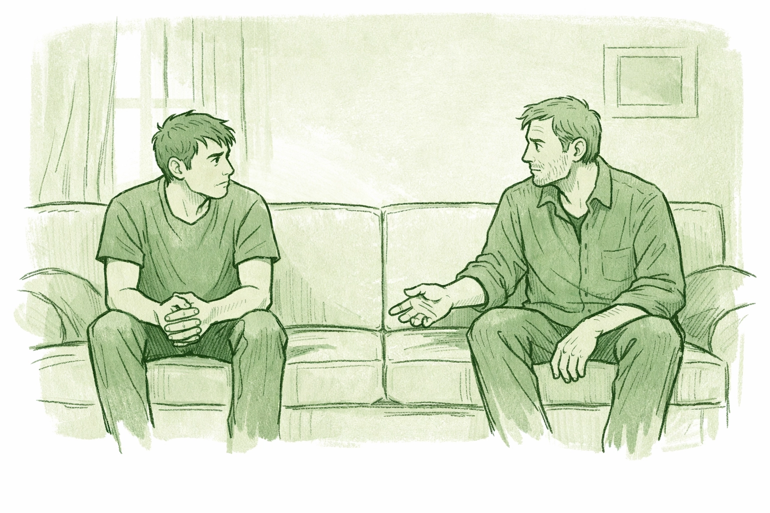 Step-father and step-son on couch showing unspoken understanding and appropriate boundaries