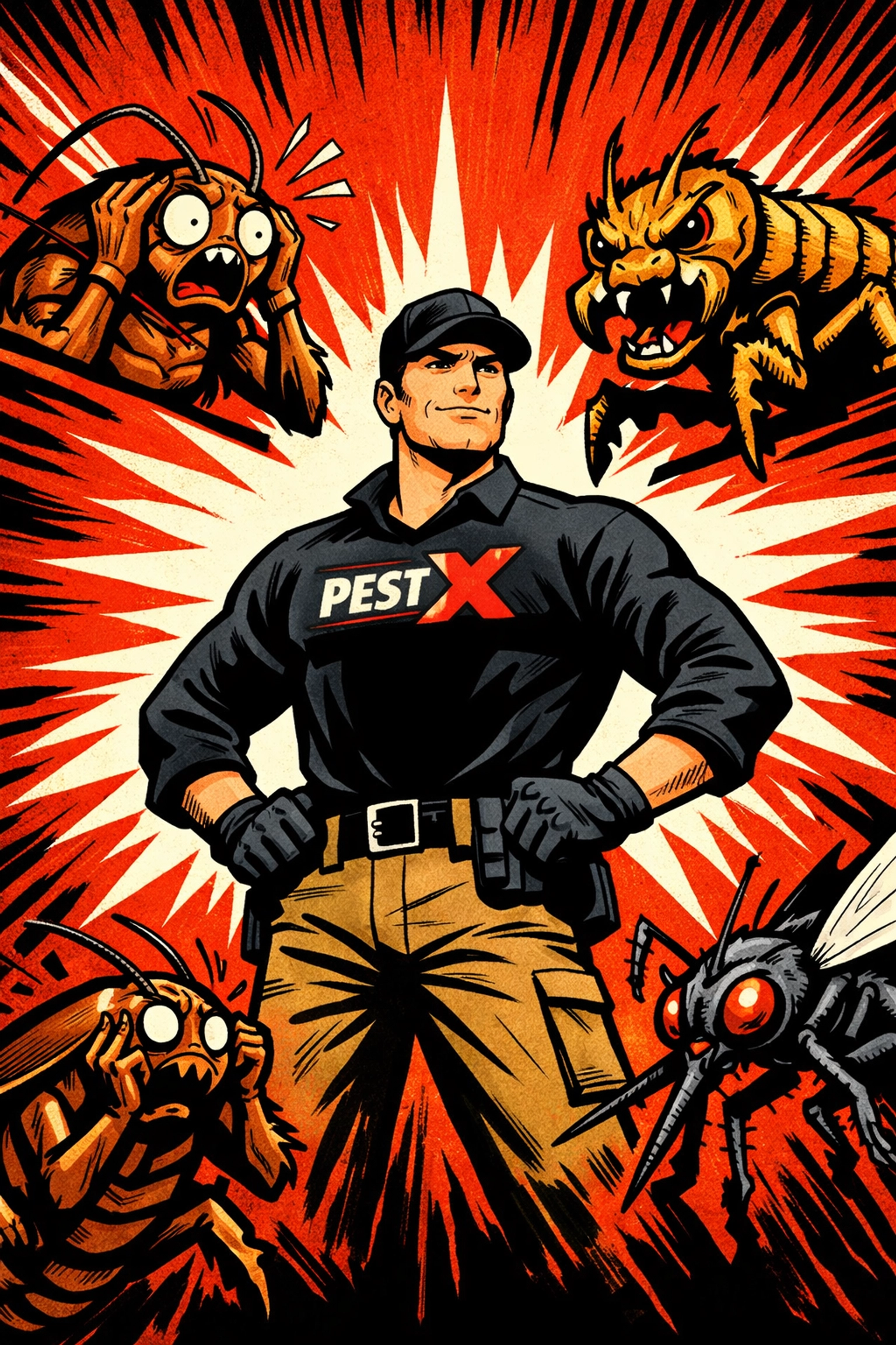 A Pest X technician hero defeating roaches, termites, and mosquitoes in a bold comic-style design.