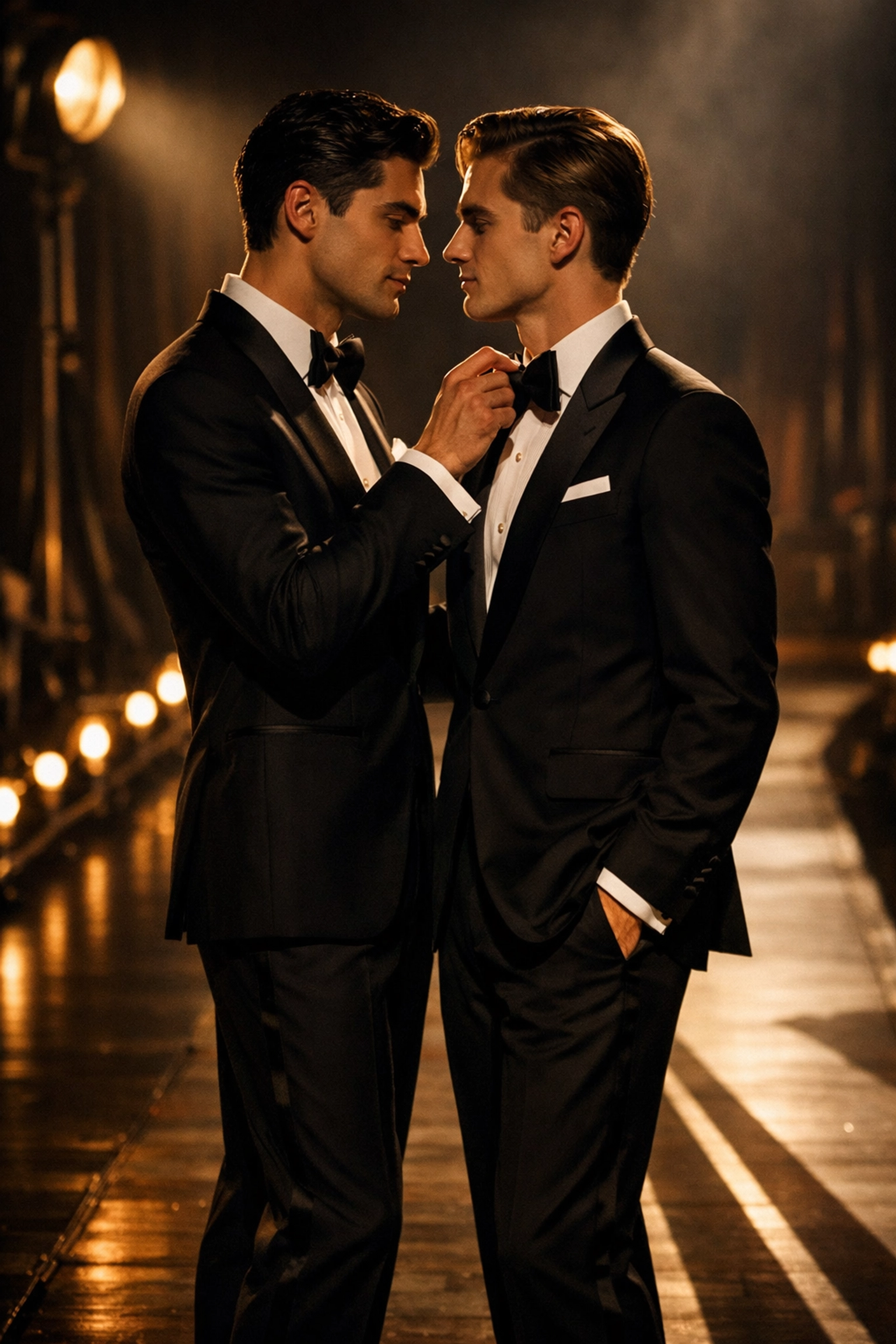 Two gay men in tuxedos sharing intimate moment on fashion runway