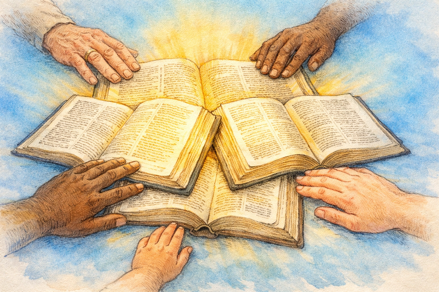 Hands of different ethnicities reaching toward open Bibles for a global Christian Bible study.