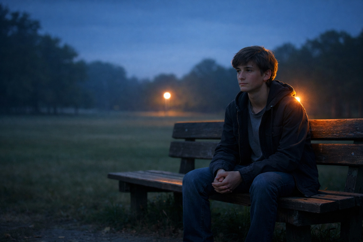 A lonely teenager sitting on a park bench, reflecting the hidden driver of teen anxiety and isolation.