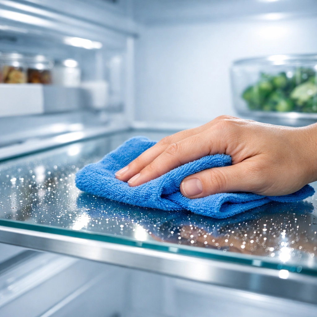 A hand cleaning a glass refrigerator shelf with a blue microfiber cloth for a sparkling finish.