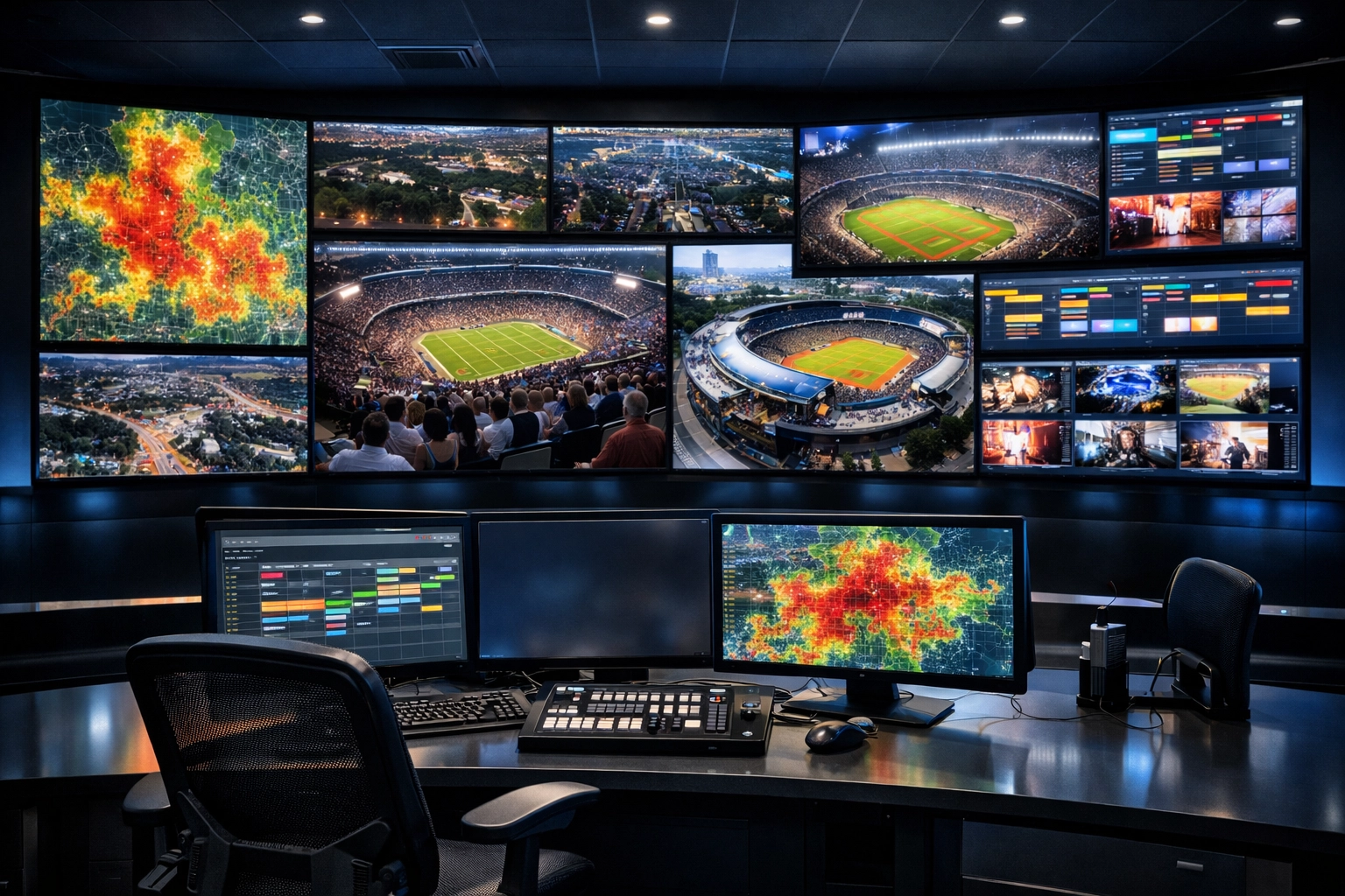 A high-tech media operations center managing digital advertising and smart city IoT data for Dakdan Worldwide.