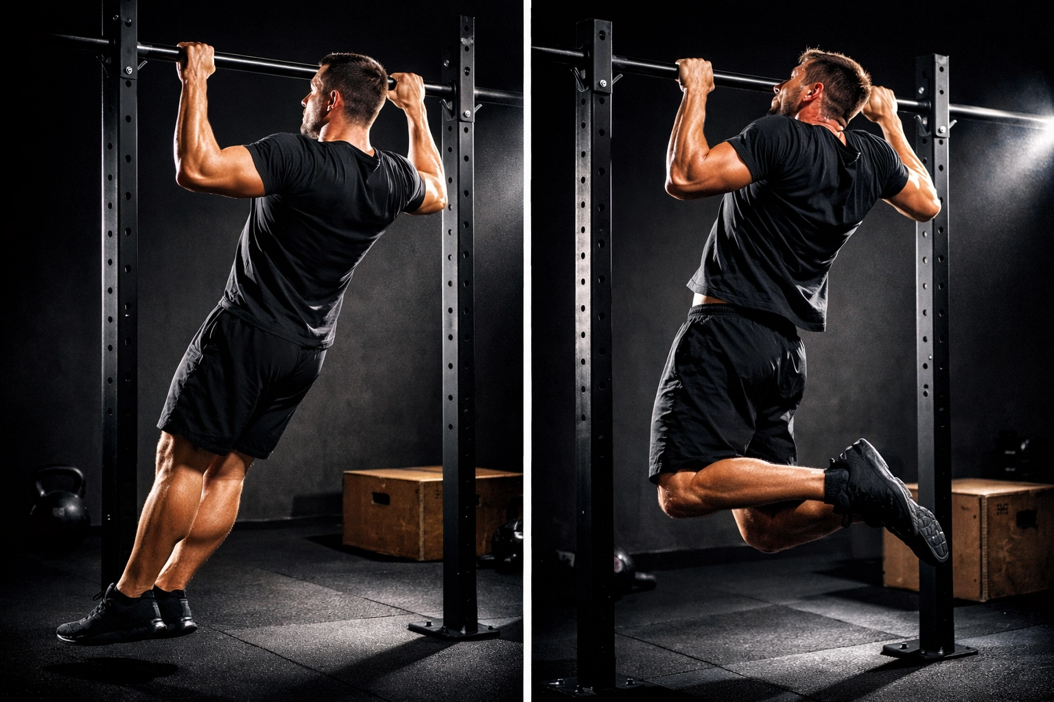 Side-by-side comparison of proper and improper pull-up form in home gym