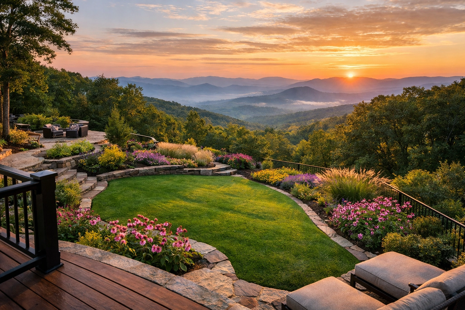 Professionally landscaped Chattanooga backyard with a lush green lawn and native flower beds.