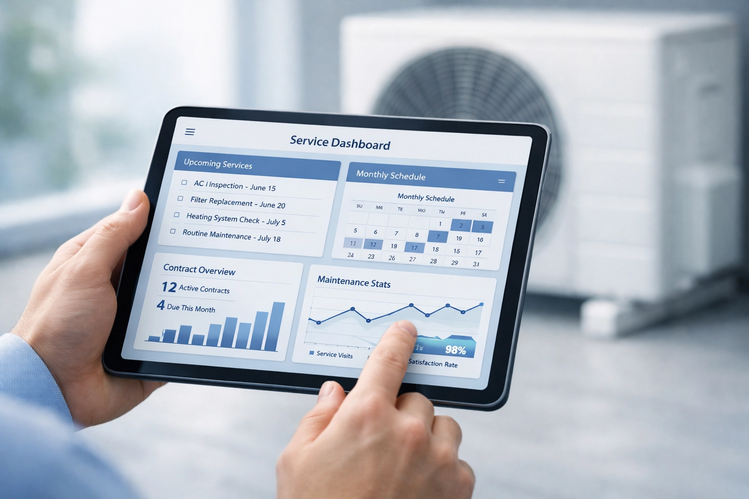 Digital dashboard showing recurring service agreements for an Alabama HVAC and plumbing service company.