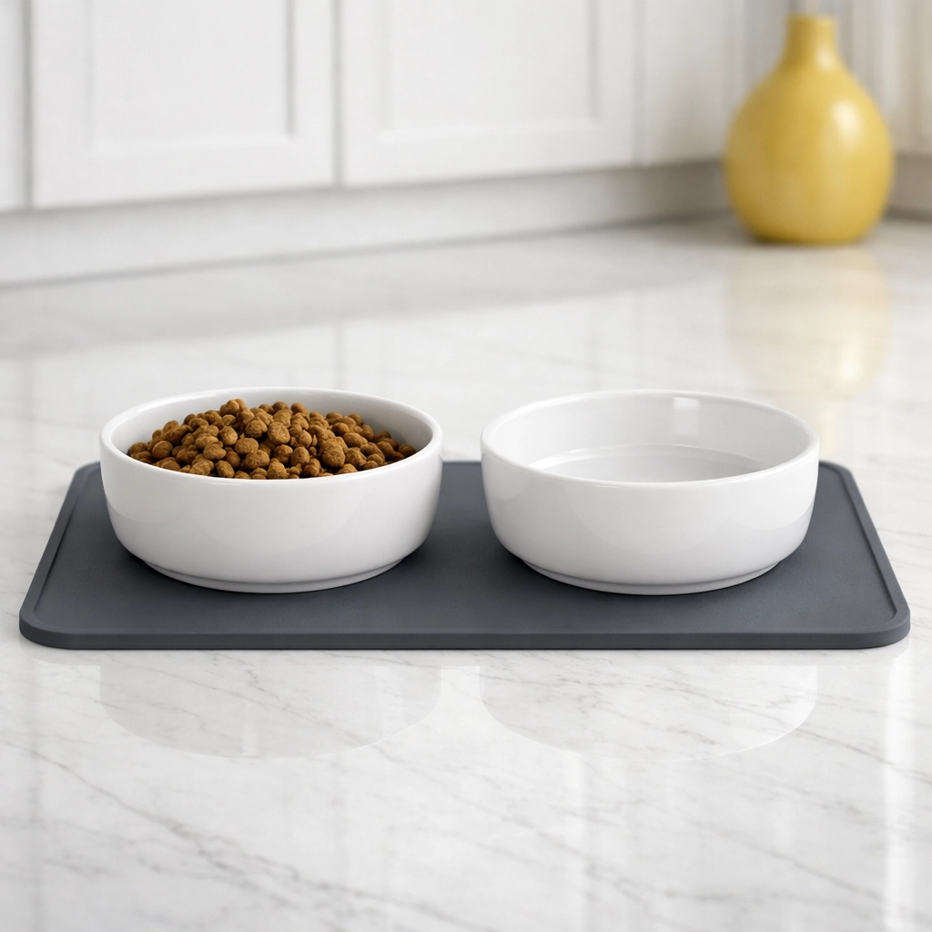 A clean, minimalist pet feeding station on a spotless marble kitchen floor in Fitchburg.