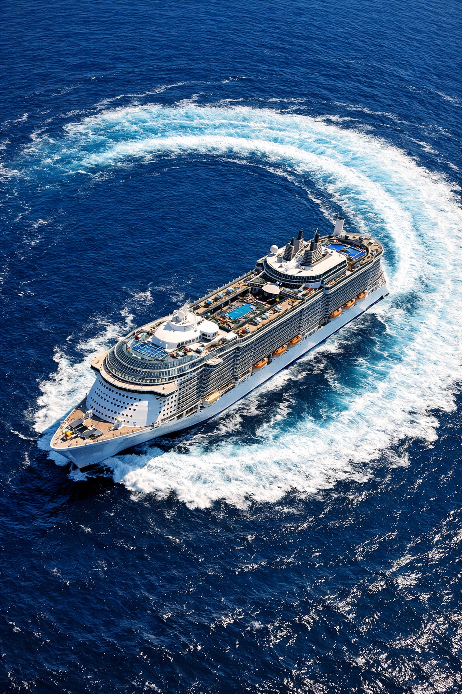 Oasis of the Seas cruise ship performing an emergency turn in the ocean during a man overboard search.