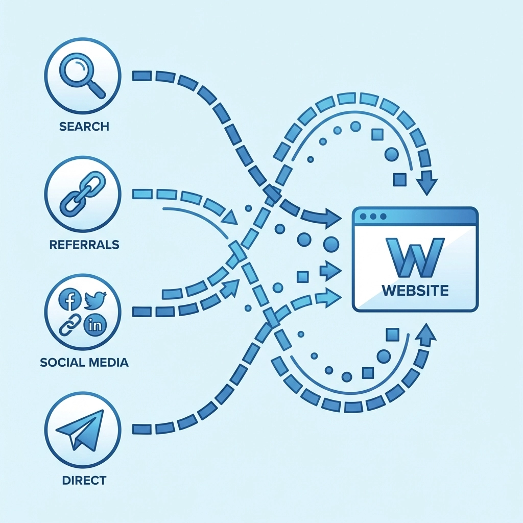Website analytics dashboard with icons showing traffic sources like search, social media, and referrals